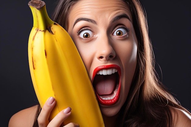 Foto surpreendida jovem mulher sexy fazendo piada com uma banana ia generativa