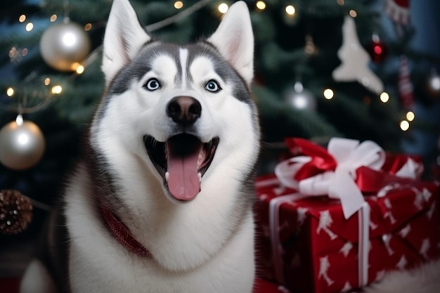 Surpresa de Natal do cão Husky e presentes