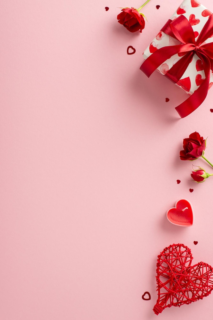 Foto surpresas românticas vista vertical superior de caixa de presente temática rosas vermelhas confeti em forma de coração em rosa pastel capta perfeitamente a essência do dia dos namorados adicione seu toque pessoal para torná-lo memorável