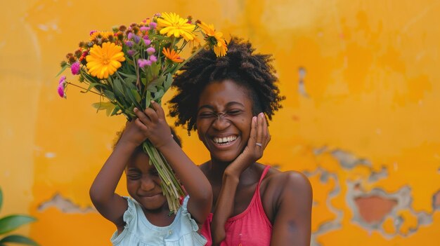 Foto surprise concept mulher africana rindo segurando flores menina cobrindo os olhos copyspace