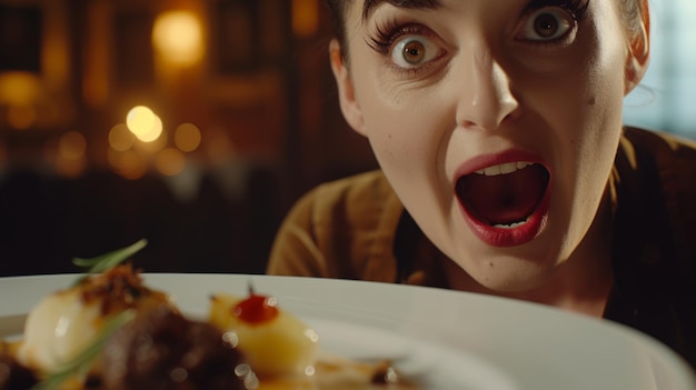 Foto surprised woman looking at a delicious plate of food