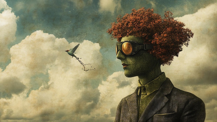 Foto surreal natureinfused man with tree hair and bird in cloudy sky at sunset (homem com cabelo de árvore e pássaro no céu nublado ao pôr do sol)