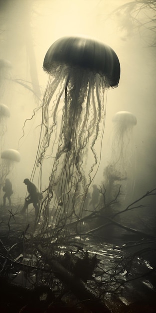 Surreal Planet mit Jelly Fish in der Landschaft als außerirdisches Monster Horror Mystiker