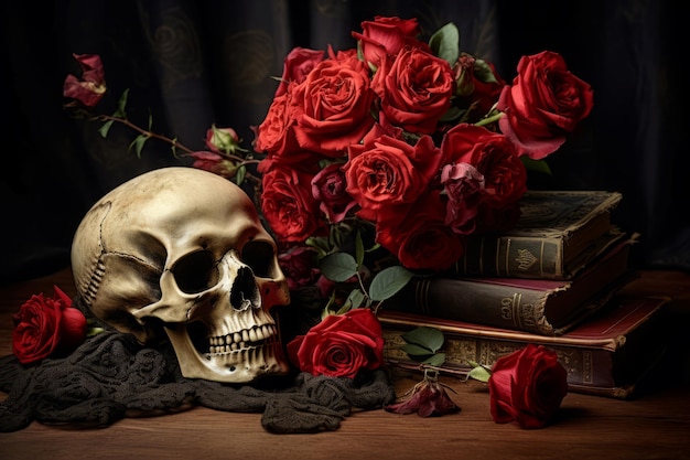 Foto surreal skull rosas pintam a vida gerar ai