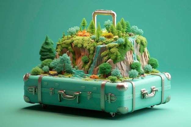 Surreale 3D-Landschaftsillustration eines Waldflusses mit Gepäck in Hellgrün und Hellblau AI Generative
