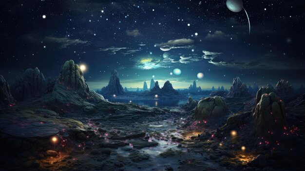 surreale außerirdische Planetenlandschaft sci fi Desktop-Hintergrund von felsigen Geländen kristalline lumineszente
