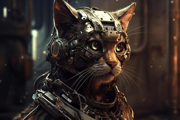 Surreale Cyberpunk-Szene. Futuristische Rüstung. Tragende Katze