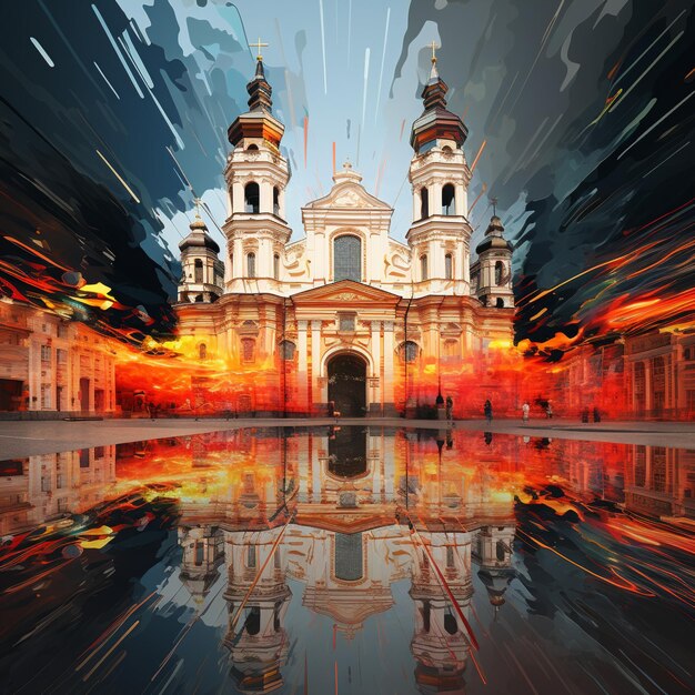 Surreale Fusion der gotischen Kathedralen und barocken Gebäude von Vilnius mit einem modernen Touch
