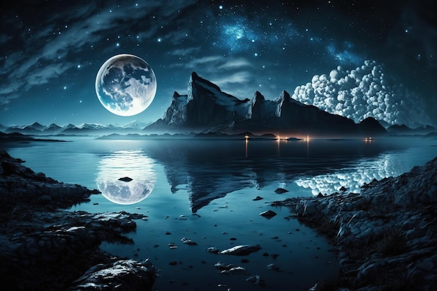 Surreale Landschaft mit einem sehr großen Mond, der sich im Meer spiegelt Erstellt mit generativer KI-Technologie
