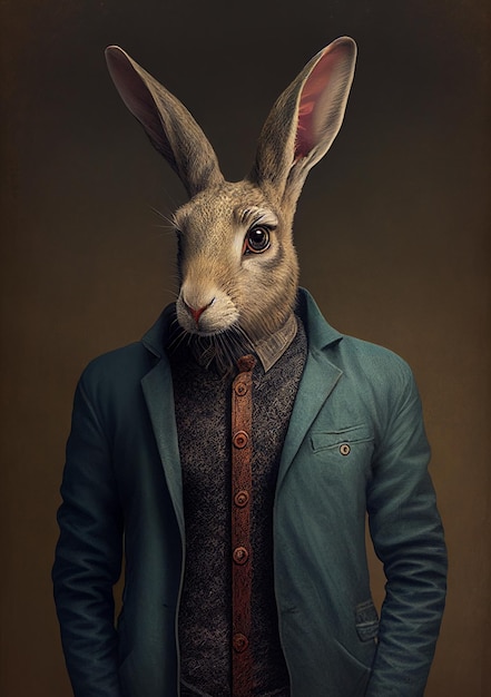 Surreale Mammalian Hybrids-Kreatur, halb Mensch, halb Kaninchen in der Mythologie, die ein Hemd und eine Jacke trägt
