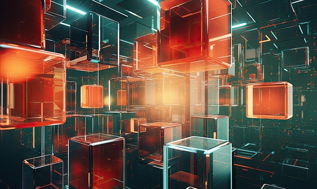 Surreale Würfel schweben im dunklen Raum mit einem lebendigen orangefarbenen Brennpunkt auf Glas inmitten einer futuristischen Struktur AI Generative
