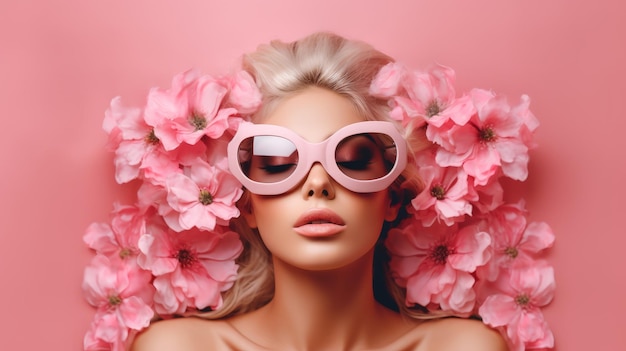 Surreales abstraktes Frauenporträt mit rosa Blumen Schönes Illustrationsbild Generative KI