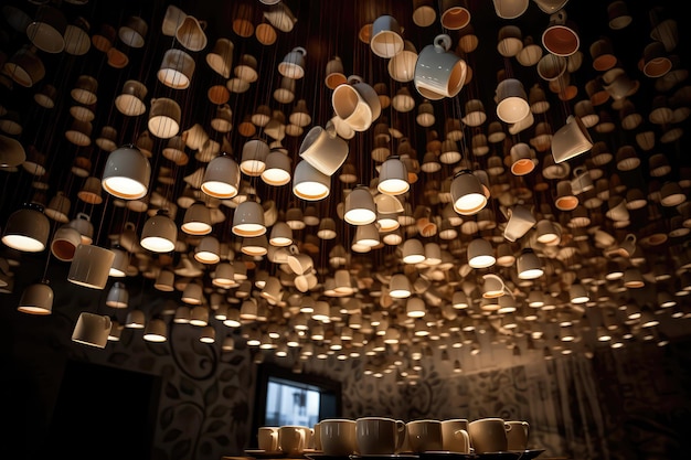 Surreales Bild von Kaffeetassen, die wie mobile generative KI von der Decke hängen