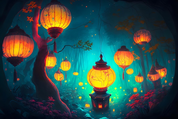 Surreales Fantasy-Laternenfest im magischen Wald bunte Laternen, die hell leuchten und an Bäumen hängen, neuronales Netzwerk generierte Kunst