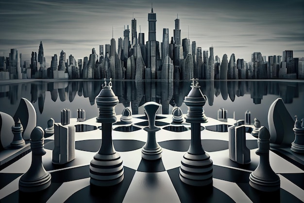 Surreales Schachspiel mit einer modernen Stadtlandschaft im Hintergrund, erstellt mit generativer KI
