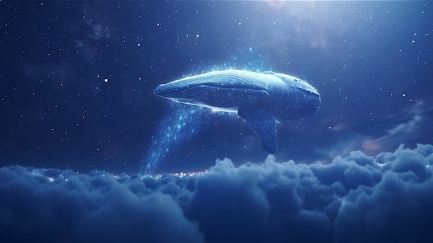 Surreales Traumbild eines großen Wals, der über blaue Wolken fliegt, mit Stern im Hintergrund Nachtlandschaft
