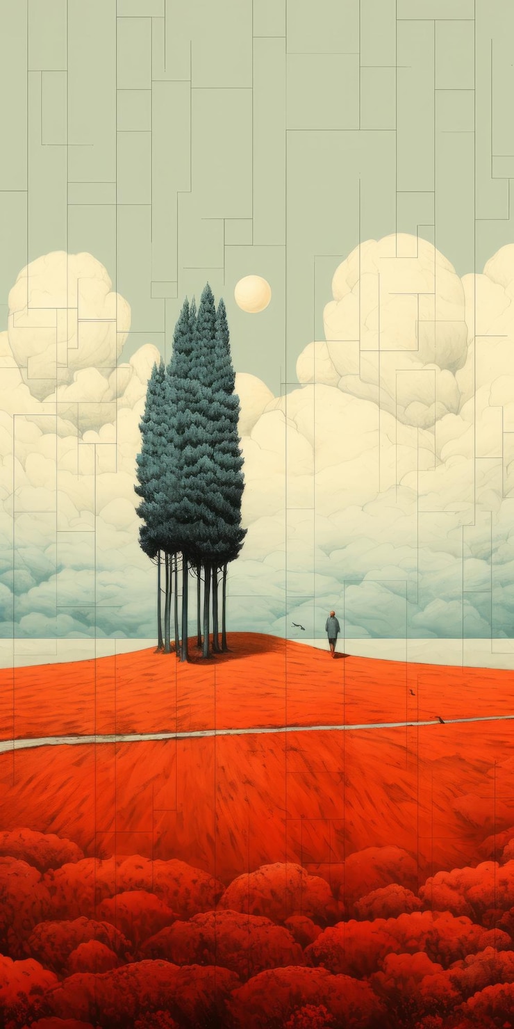 Foto surrealismo geométrico uma pintura detalhada de árvores e nuvens