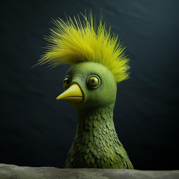 Surrealismo juguetón pájaro verde con mohawk en estilo Zbrush