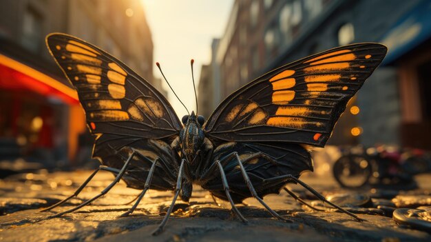Surrealista atirou em borboleta gigante descansando em um edifício da cidade AI generativa