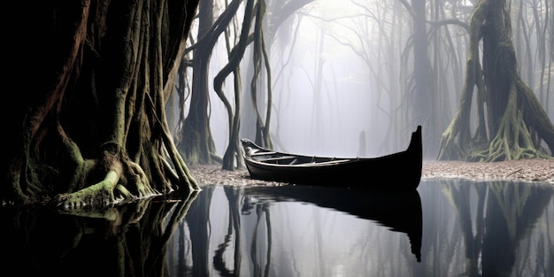 Surrealista bayou ricas árvores luxuosas um barco azul afundado derretendo na névoa de um lago tranquilo