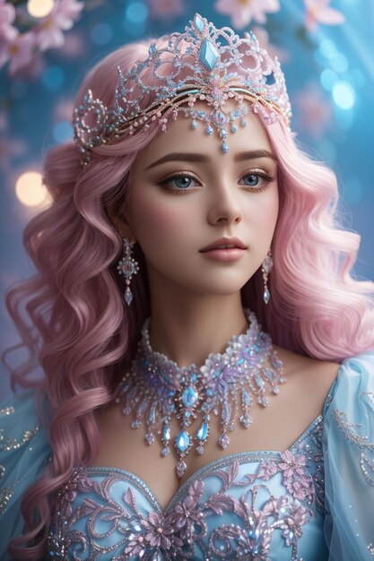 surrealista cabello rubio ligero con un ligero color rosa en la raíz grandes ojos azules con un marco completo tiara