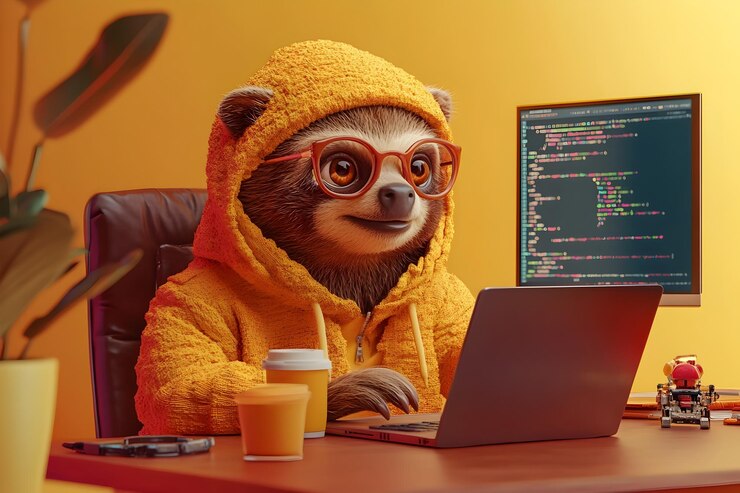 Foto surrealista desarrollador perezoso 3d escribiendo en una computadora portátil con pantallas de codificación en un fondo colorido