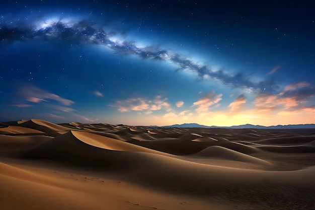 Una surrealista y sin fin de dunas de arena del desierto debajo de la impresionante galaxia de la Vía Láctea la belleza celestial