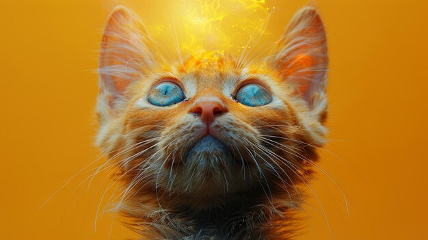 El surrealista Ginger Cat con ojos brillantes sobre un fondo naranja