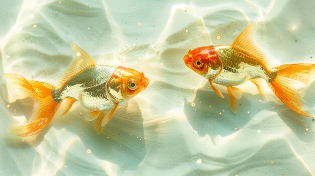 Foto surrealista hay dos peces dorados hechos de papel de aluminio en el agua blanca y brillante hermosas curvas