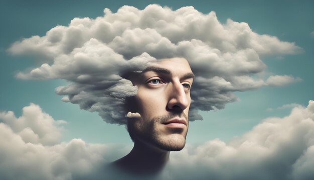 Foto surrealista hombre cabeza en la nube concepto abstracto