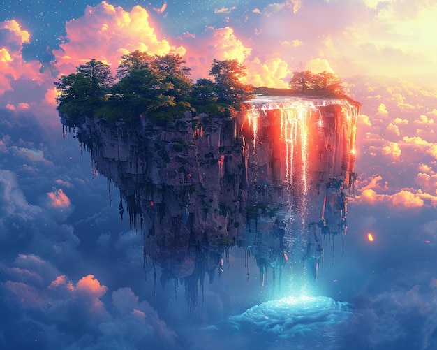 Surrealista isla flotante con una cascada en cascada