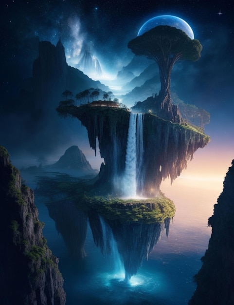Una surrealista isla voladora rodeada por una cascada con un cielo galáctico lleno de estrellas