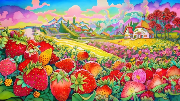 Surrealista paisaje de fresas IA generativa