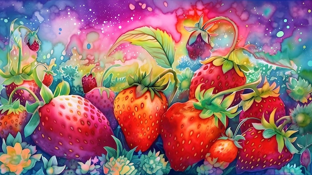 Surrealista paisaje de fresas IA generativa