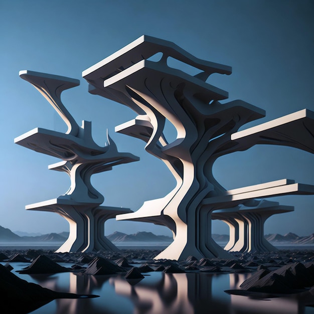 Surrealistische 3D-Rendering einer minimalistischen und futuristischen Hightech-Landschaft