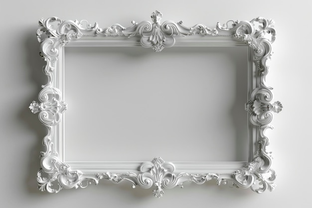 Surrealistische 3D-Rendering von weißem barocken Rahmen, elegant leer und ätherisch auf weißem Hintergrund
