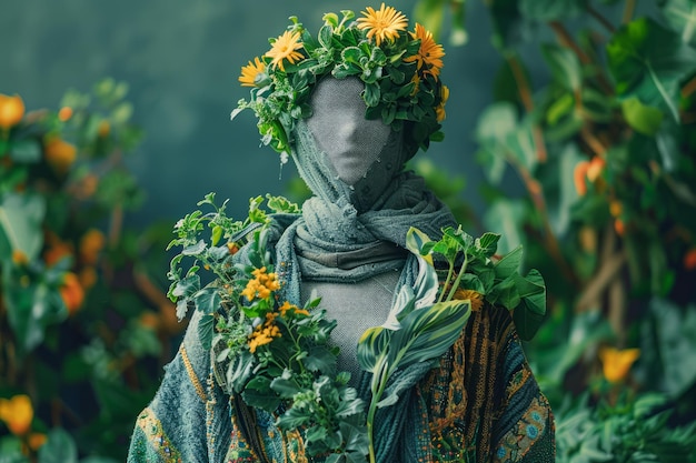 Surrealistische Blumenmannequin in einem üppig grünen Garten künstlerische Ausstellung mit Blumen und Pflanzen