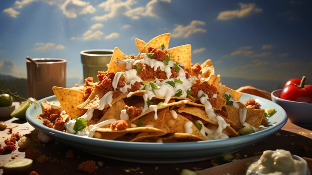 Foto surrealistische chili-nachos-chips auf einem teller auf blauem hintergrund