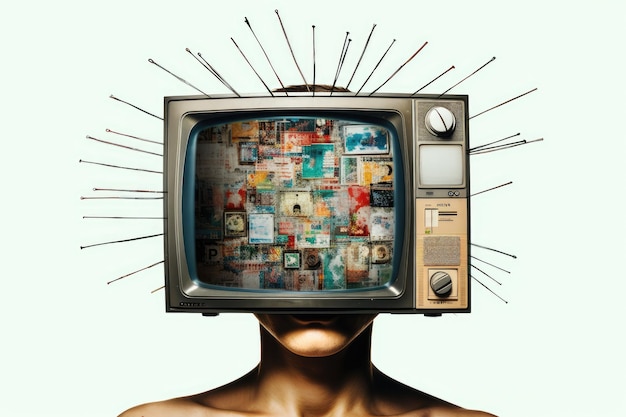 Foto surrealistische collage einer person mit einem vintage-fernseher für kopfbilder