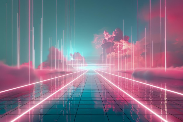 Surrealistische digitale Stadtlandschaft mit Neonlichtern und schwebenden Wolken