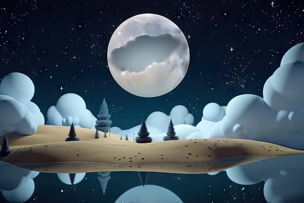 Foto surrealistische float-landschaft mit schwebendem durchscheinenden mond und sternen am himmel