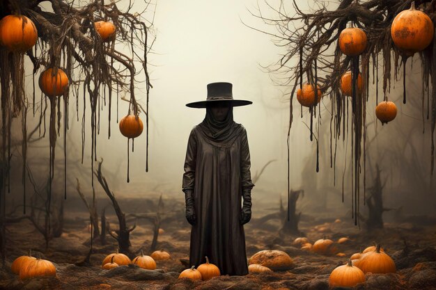 Surrealistische Hexe mit Hut auf einem abstrakten Kürbissfeld Halloween-Ferienkonzept