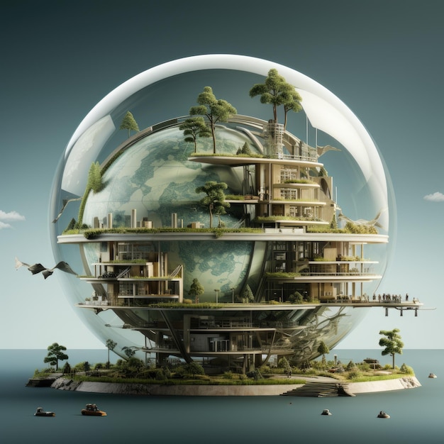 Surrealistische Illustration zum Thema einer fantastischen Stadt der Zukunft