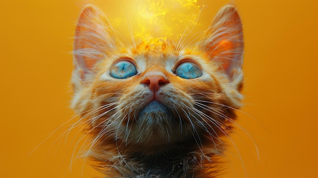 Surrealistische Ingwerkatze mit leuchtenden Augen auf orangefarbenem Hintergrund