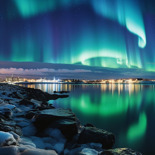 Surrealistische Verschmelzung von natürlicher Schönheit und städtischer Lebendigkeit in Reykjavik