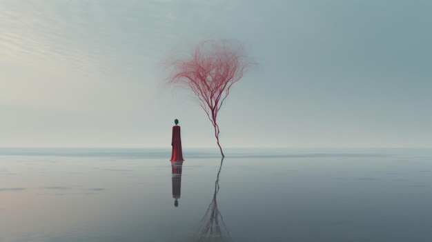 Foto surrealistischer filmischer minimalistischer roter baum mit wurzeln im wasser