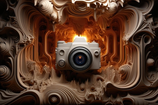 Surrealistisches Foto einer alten Kamera mit einem Fotografiesymbol