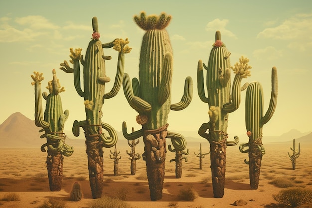 Surrealistisches Kunstwerk von auf den Kopf wachsenden Kaktussen