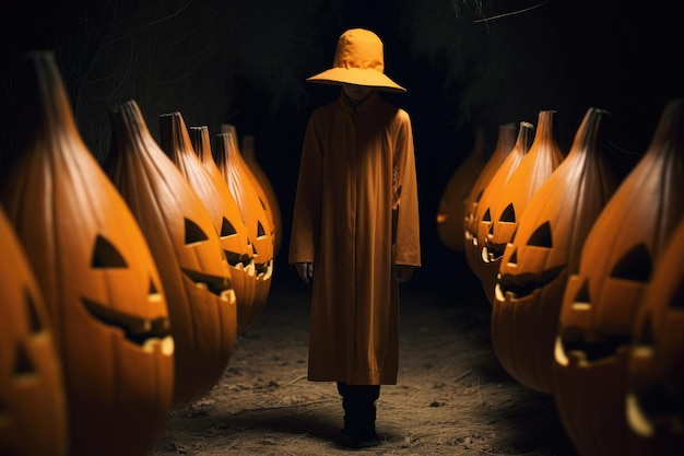 Surrealistisches orangefarbenes Halloween-Kostüm und Kürbisse