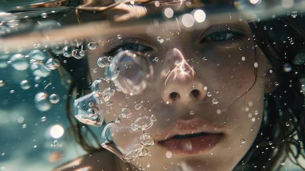 Surrealistisches Porträt einer jungen Frau in kristallklarem Wasser